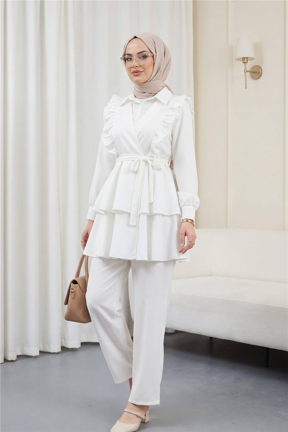Önü Fırfırlı Bağcıklı Eteği Katlı Pantolonlu Kimono Takım   -Beyaz-Takım-349-7001-R02