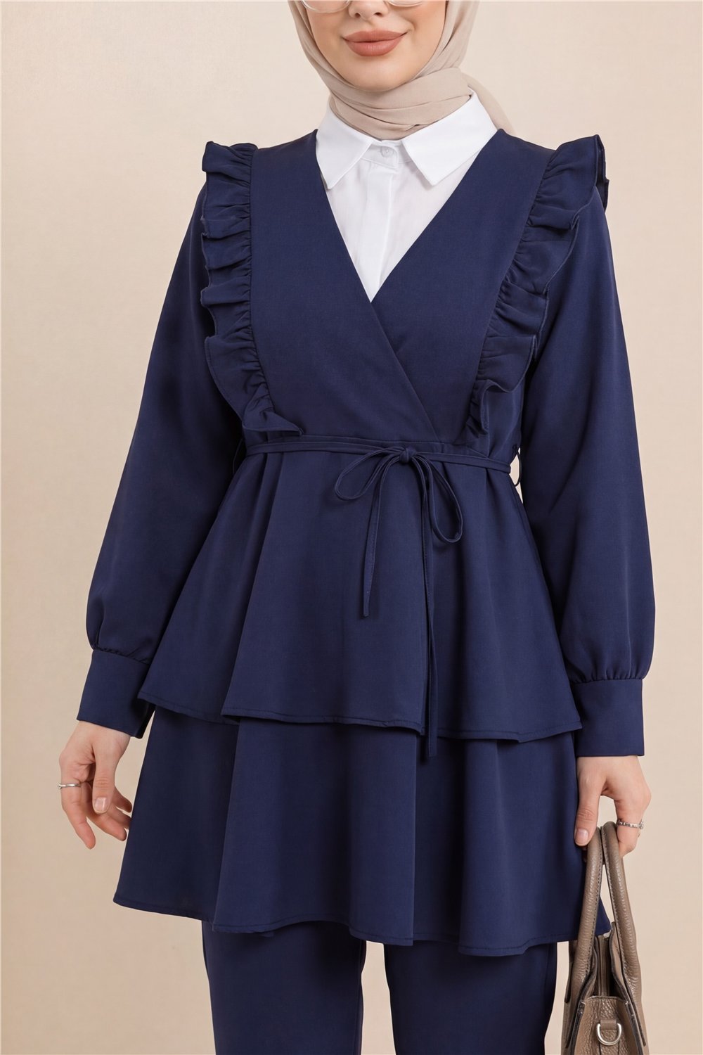 Önü Fırfırlı Bağcıklı Eteği Katlı Pantolonlu Kimono Takım  -Laci-Takım-349-7001-R03