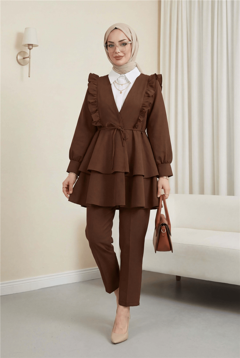 Önü Fırfırlı Bağcıklı Eteği Katlı Pantolonlu Kimono Takım     -Taba-Takım-349-7001-R12
