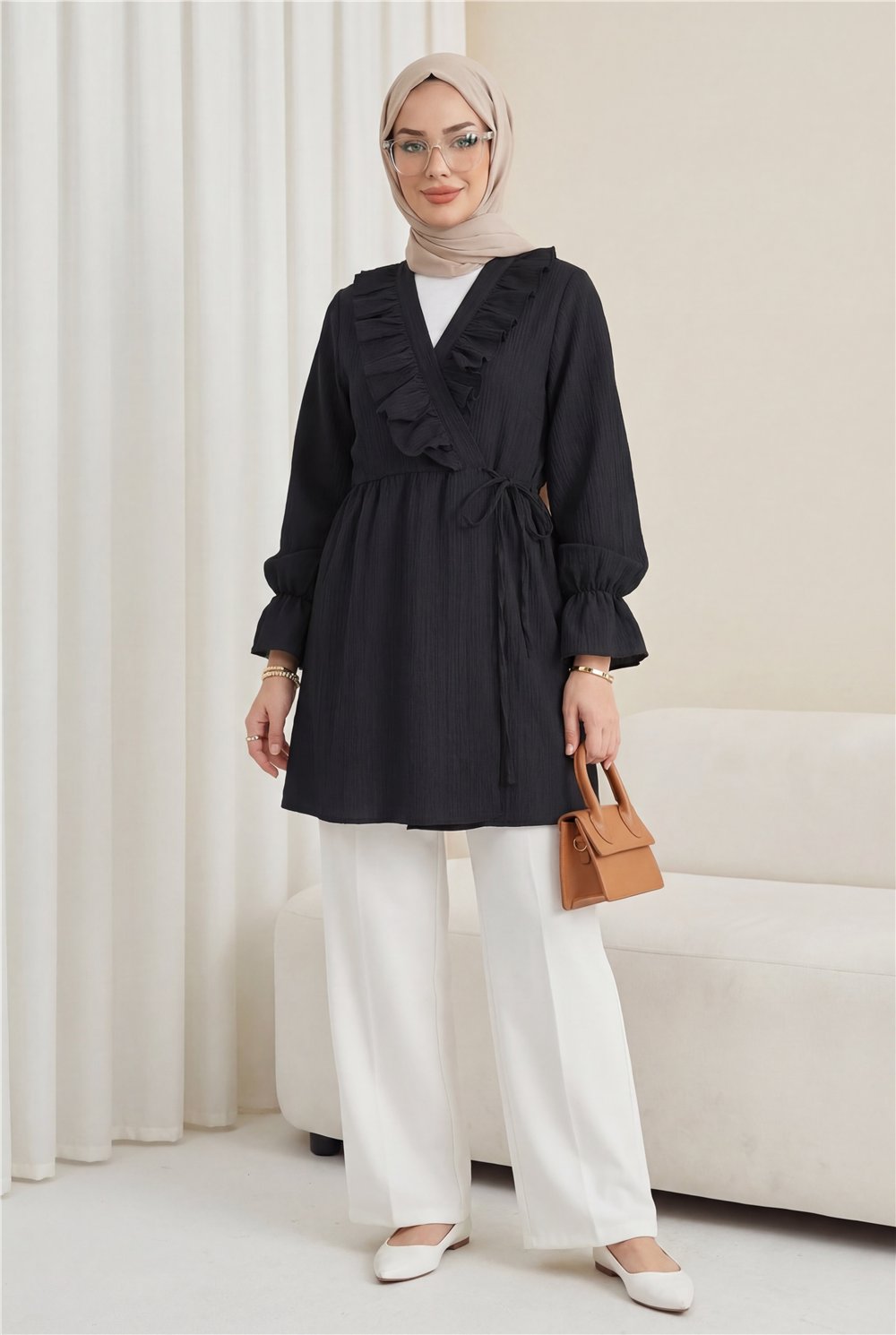 Önü Fırfırlı Bağlamalı Krinkıl Kimono -Siyah-Kimono&Kaftan-349-7005-R01