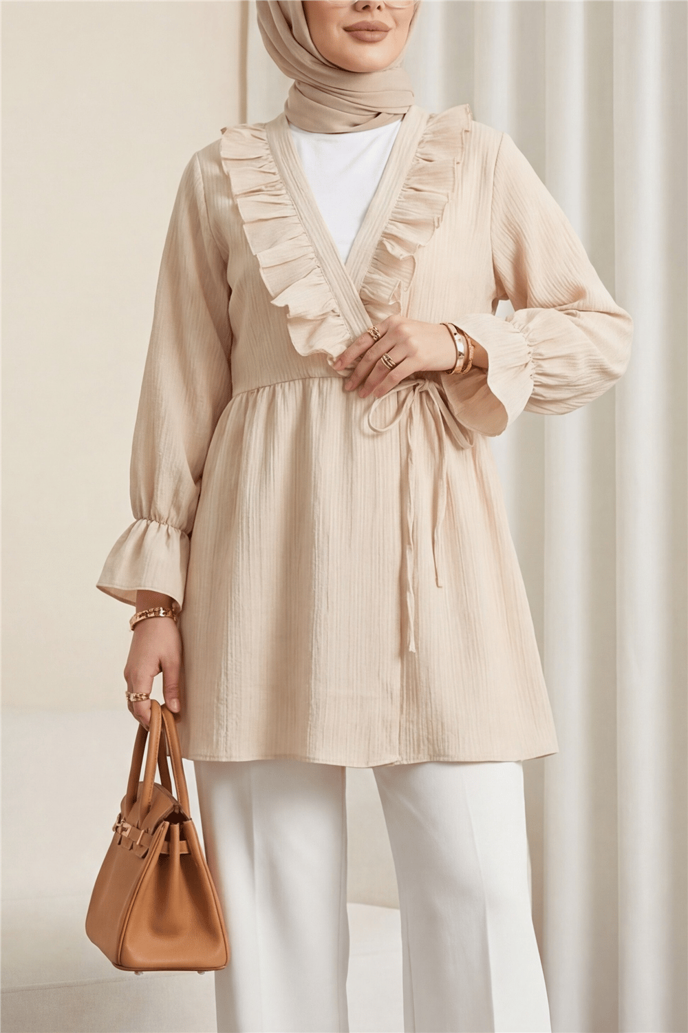 Önü Fırfırlı Bağlamalı Krinkıl Kimono -Bej-Kimono&Kaftan-349-7005-R56