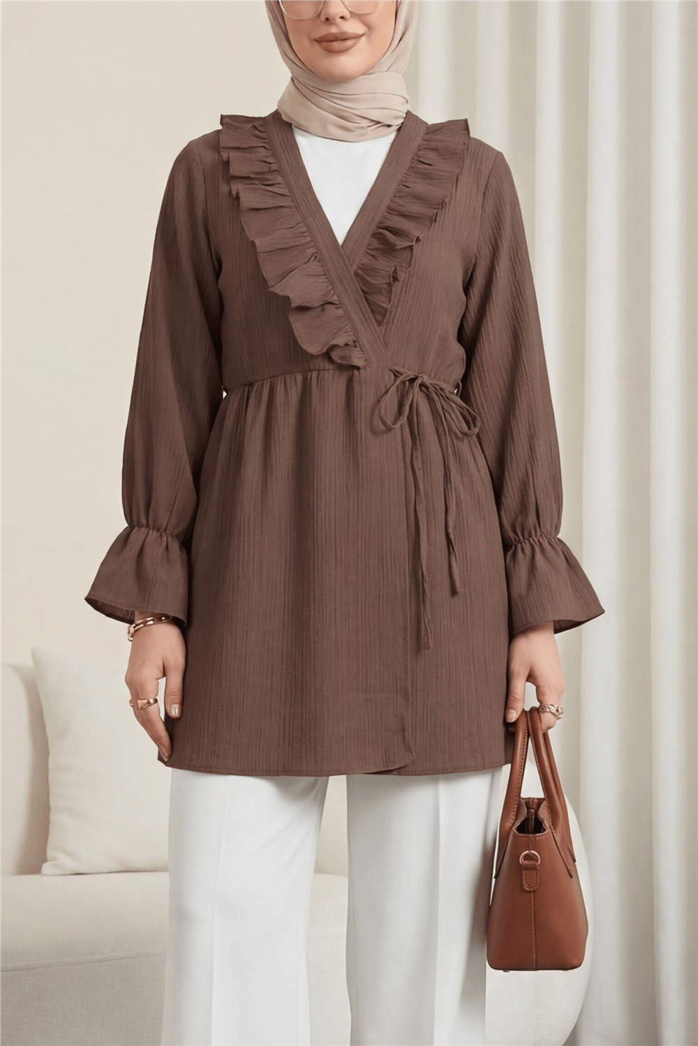 Önü Fırfırlı Bağlamalı Krinkıl Kimono -Kahve-Kimono&Kaftan-349-7005-R15