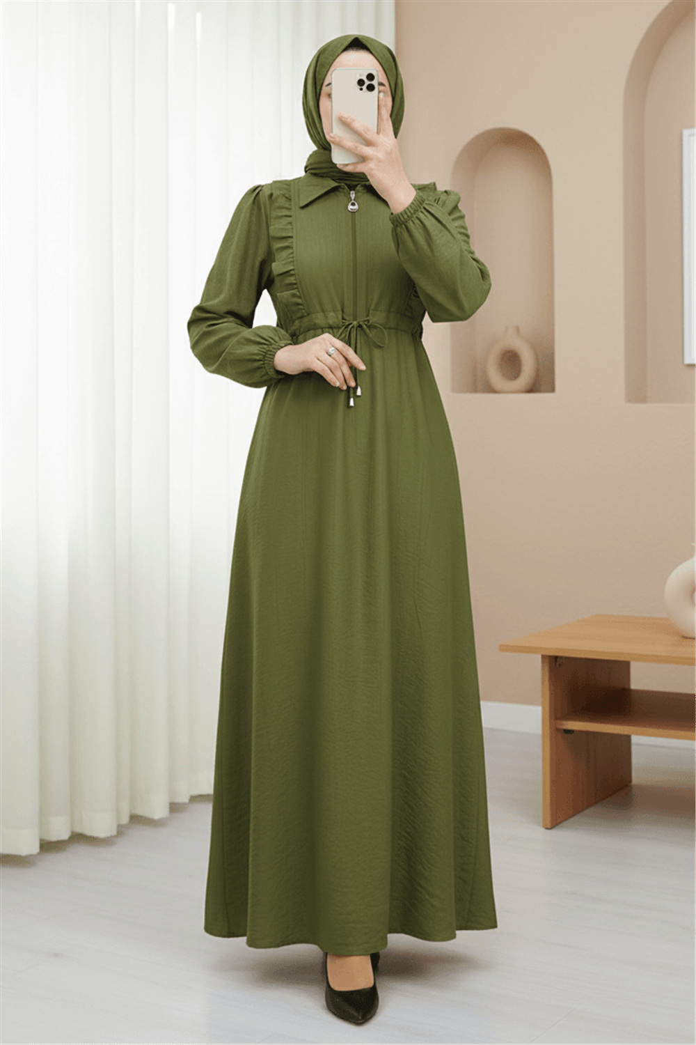 Önü Fırfırlı Yarım Düğmeli Tünel Bağcıklı Elbise  -Yağ Yeşili-Elbise-186-1702-R72