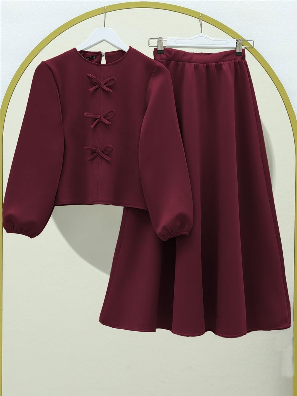 Önü Fiyonk Detaylı Etekli Scuba Takım   -Bordo-349-6058-R04
