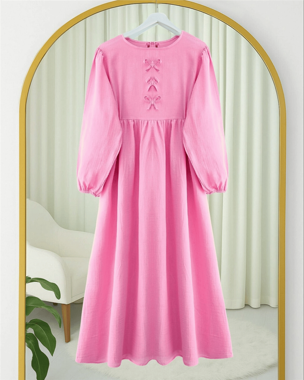 Önü Fiyonk Detaylı Kolları Lastikli Müslin Elbise -Pembe-Elbise-349-7071-R20