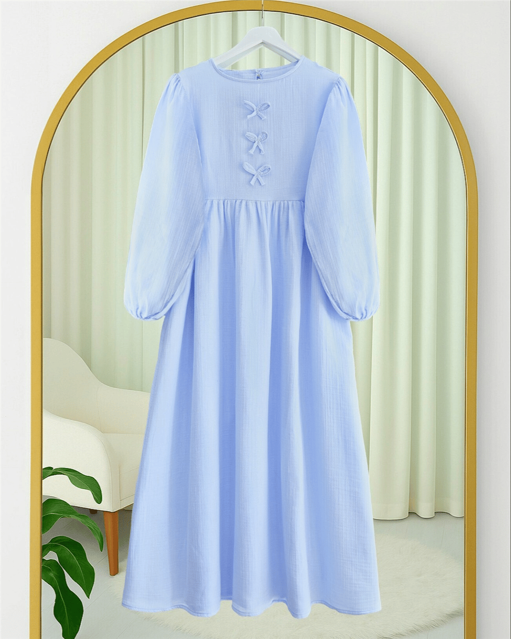 Önü Fiyonk Detaylı Kolları Lastikli Müslin Elbise -Bebe Mavi-Elbise-349-7071-R32
