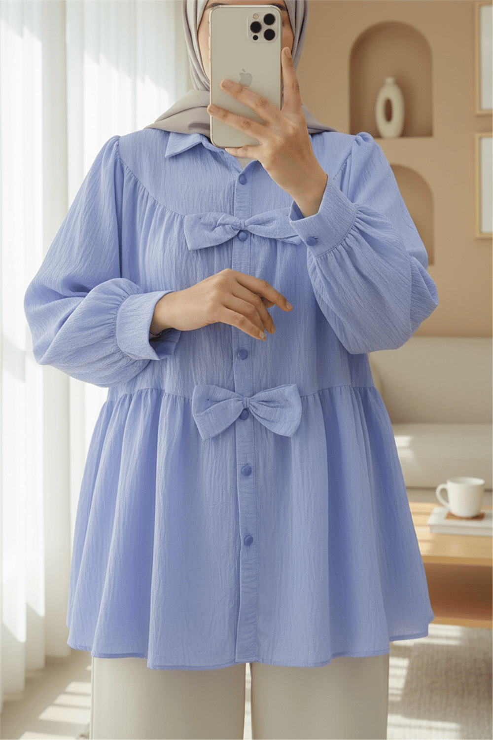 Önü Fiyonk Detaylı Parçalı Gömlek -Bebe Mavi-Gömlek-398-1026-R32