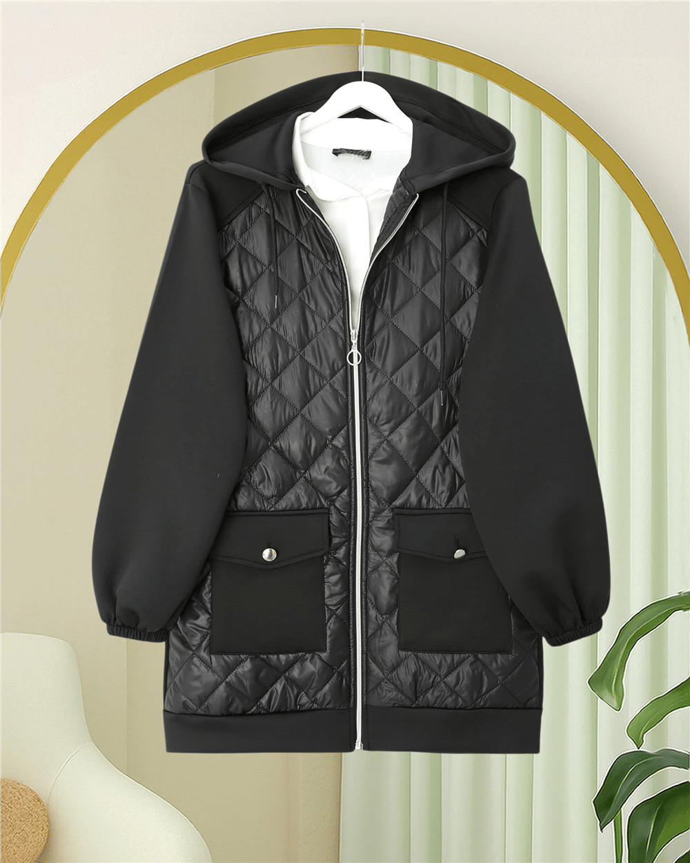 Önü Kapitone Detaylı Kapşonlu Cepli Scuba Sweat -Siyah-Sweatshirt-349-8007-R01