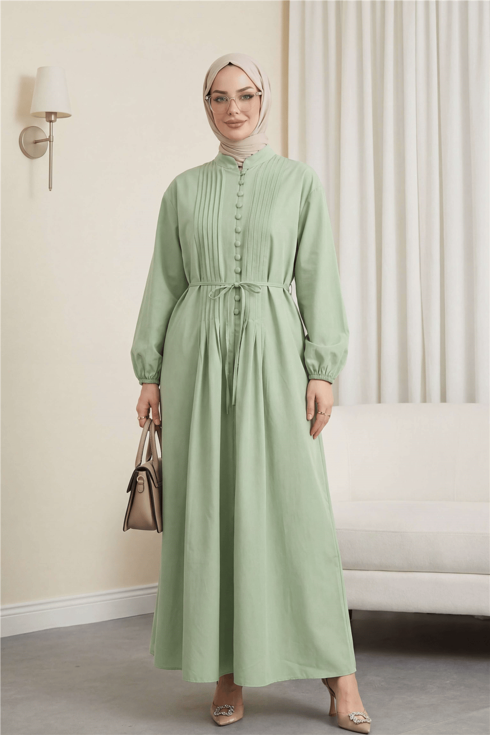 Önü Nervürlü Yarım Düğmeli Poplin Elbise -A.Yeşil-Elbise-111-61583-R69