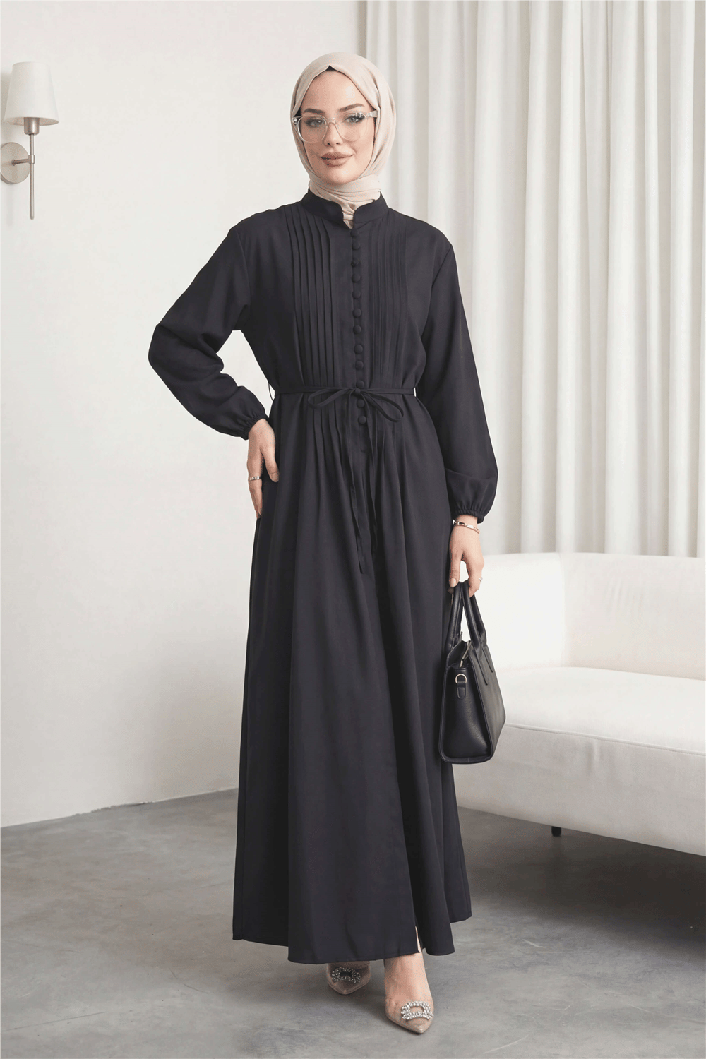 Önü Nervürlü Yarım Düğmeli Poplin Elbise -Siyah-Elbise-111-61583-R01