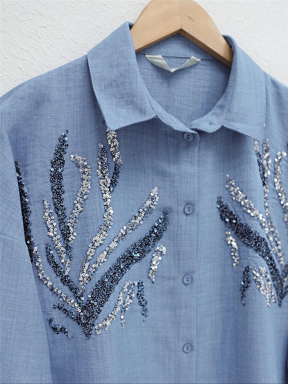 Önü Pul Payetli Uzun Gömlek   -Bebe Mavi-238-2293-R32