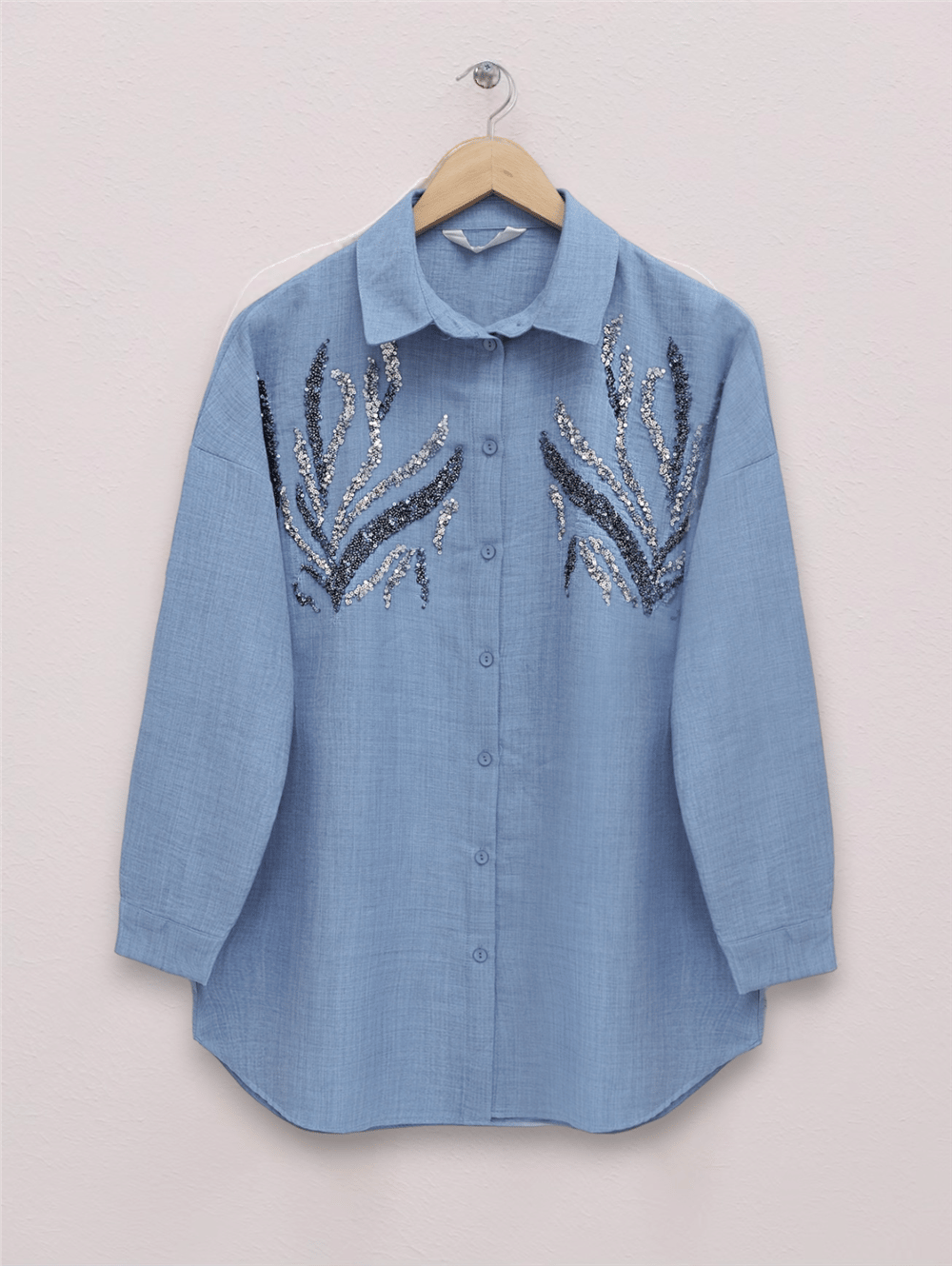 Önü Pul Payetli Uzun Gömlek   -Bebe Mavi-238-2293-R32