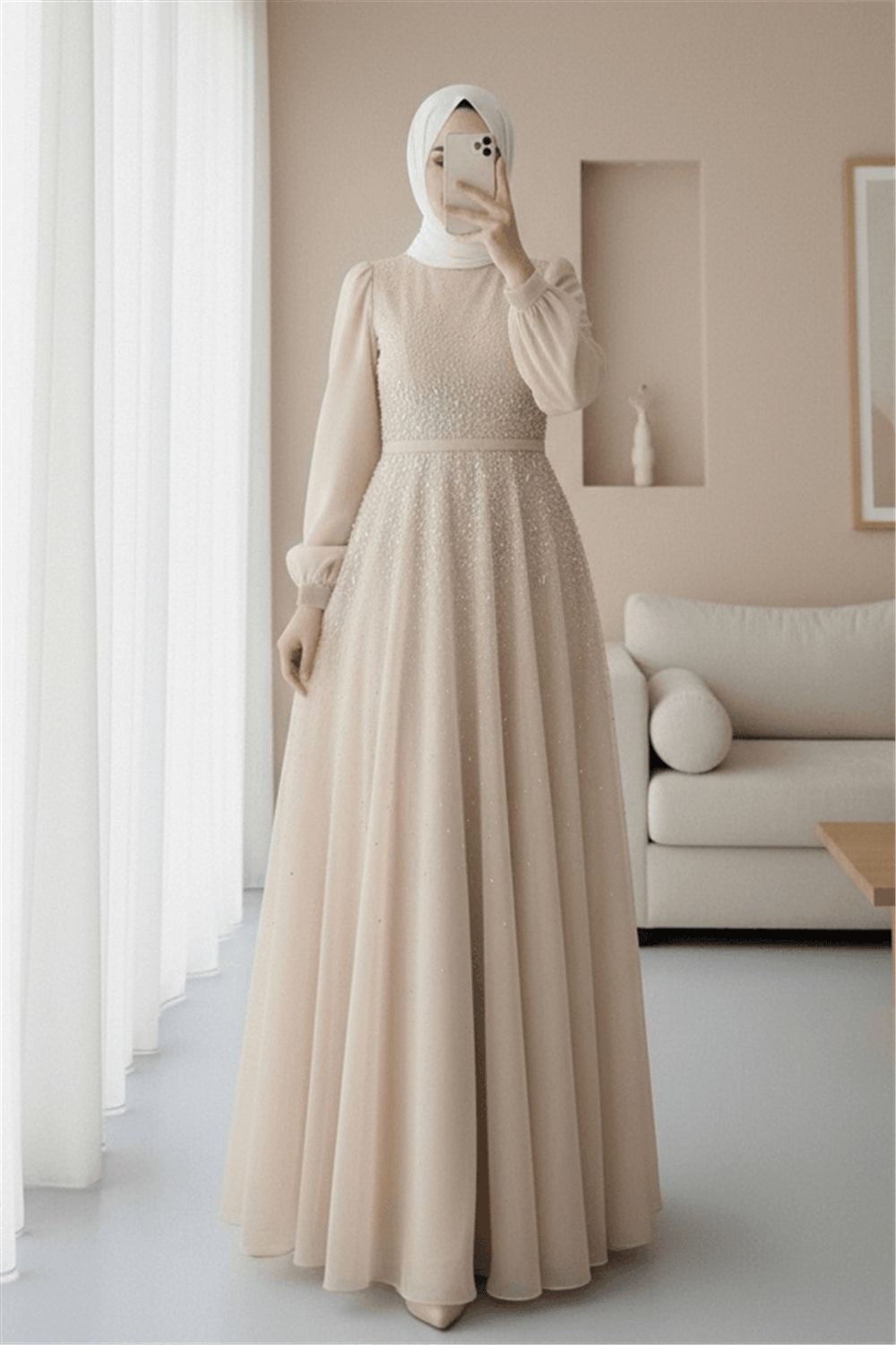Önü Taş Detaylı Astarlı Tül Abiye -Bej-Abiye-316-4789-R56