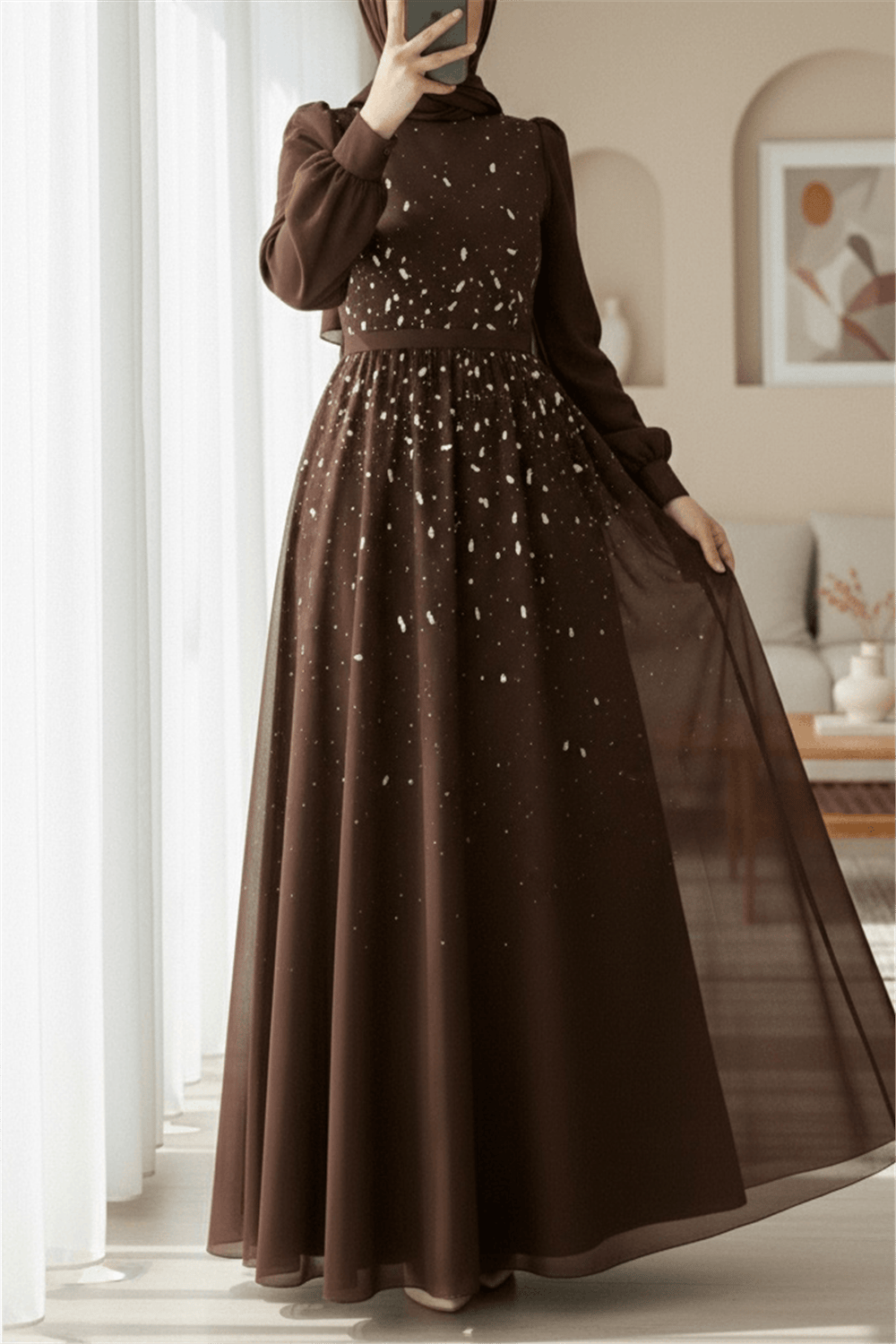 Önü Taş Detaylı Astarlı Tül Abiye -Kahve-Abiye-316-4789-R15