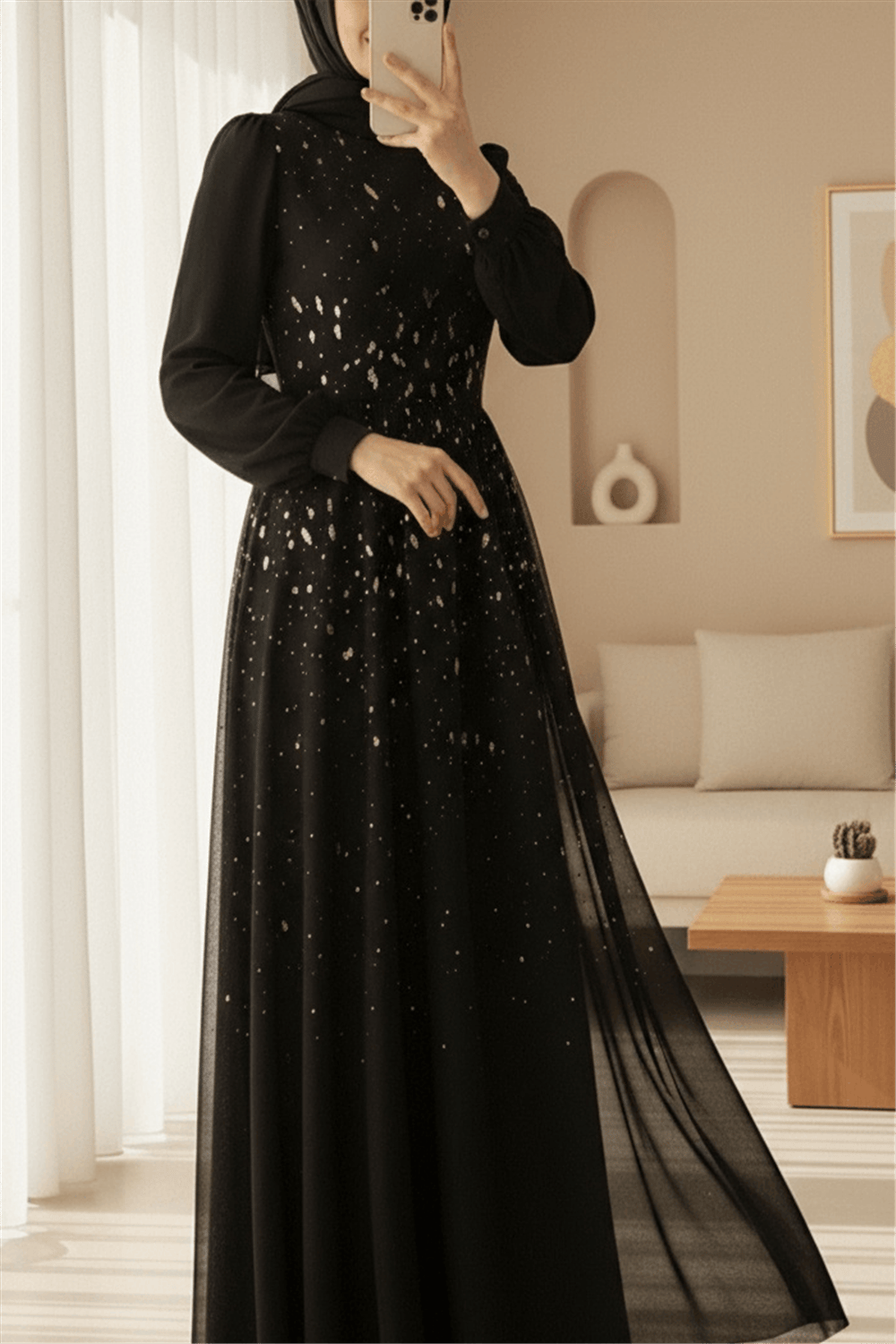 Önü Taş Detaylı Astarlı Tül Abiye -Siyah-Abiye-316-4789-R01