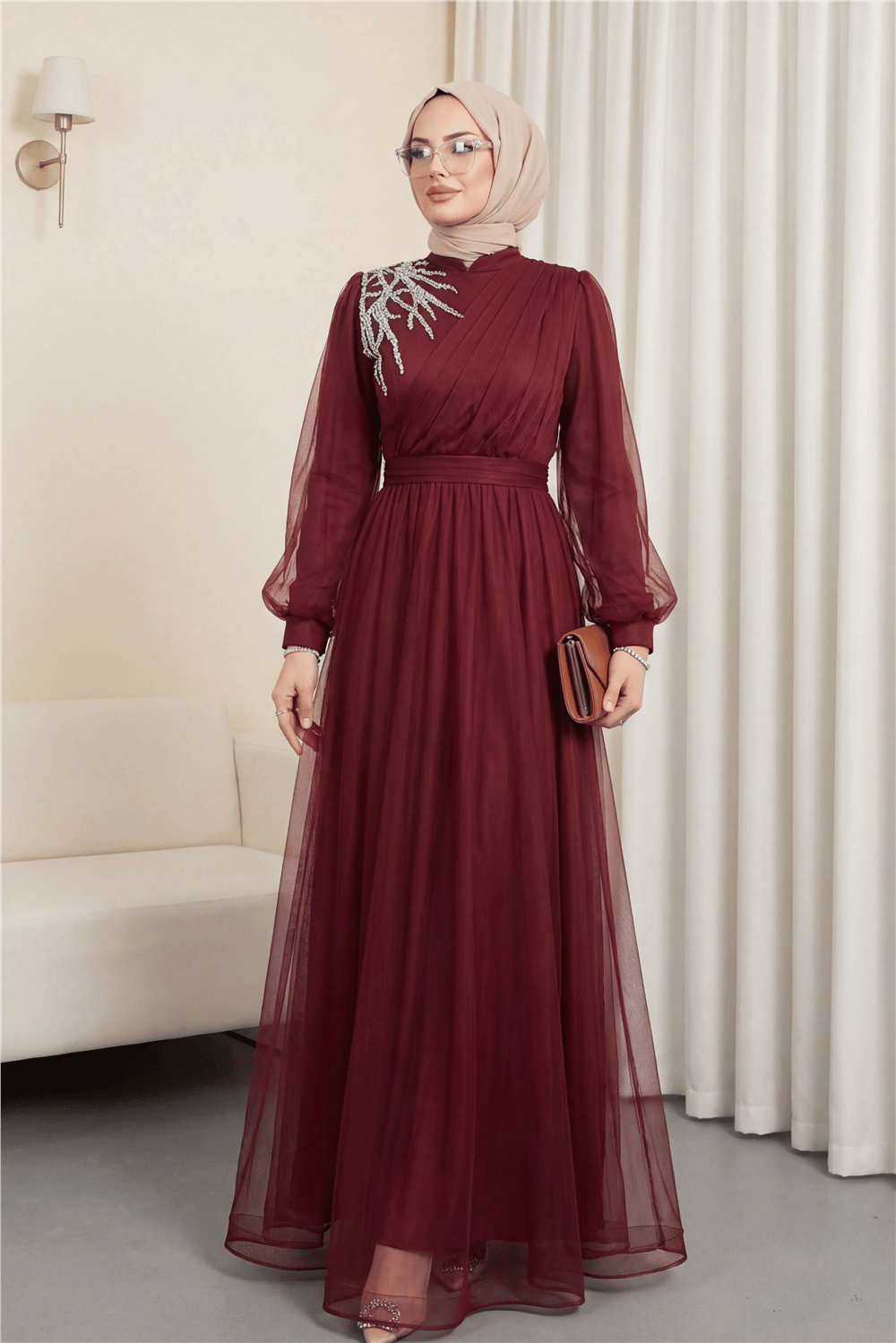 Önü Taş Detaylı Drapeli Kemerli Tül Abiye -Bordo-Tül Abiye-316-4245-R04