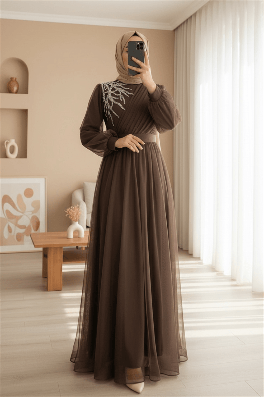 Önü Taş Detaylı Drapeli Kemerli Tül Abiye     -K. Kahve-Abiye-316-4245-R54