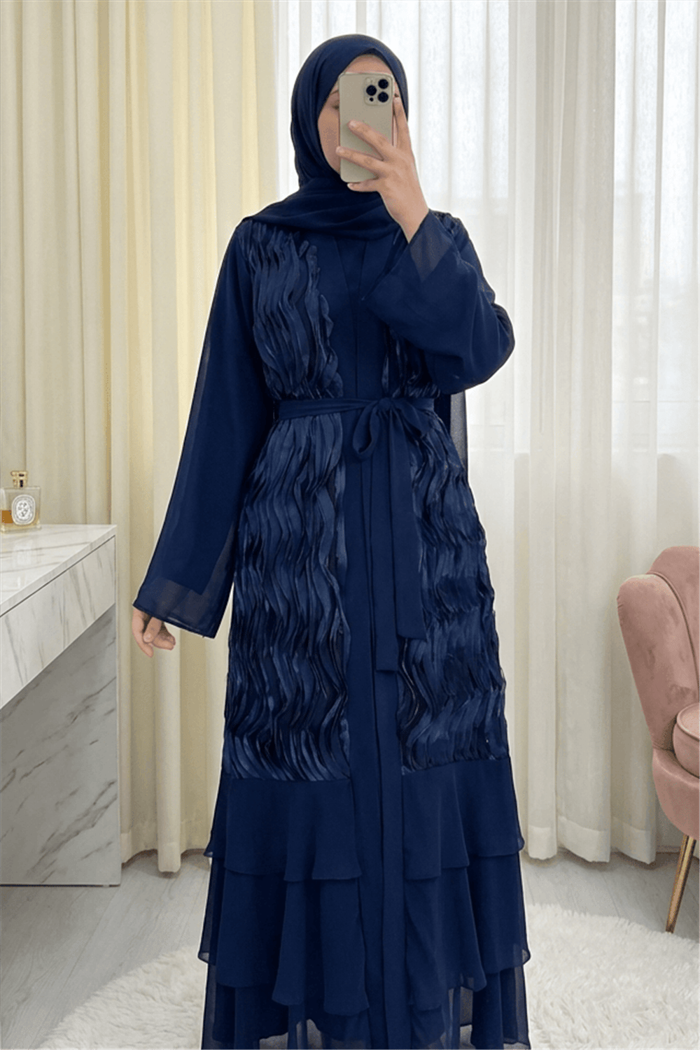 Önü Tül Detaylı Kemerli Eteği Katlı İkili Abaya Takım -Laci-Abaya-316-4816-R03