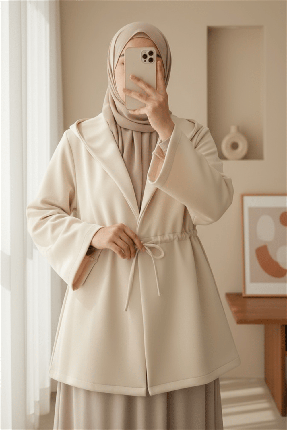 Önü Tünel Bağcıklı Scuba Kimono -Bej-Kimono & Kaftan-223-3066-R56