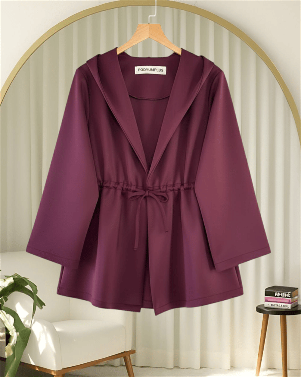 Önü Tünel Bağcıklı Scuba Kimono -Bordo-Kimono & Kaftan-223-3066-R04