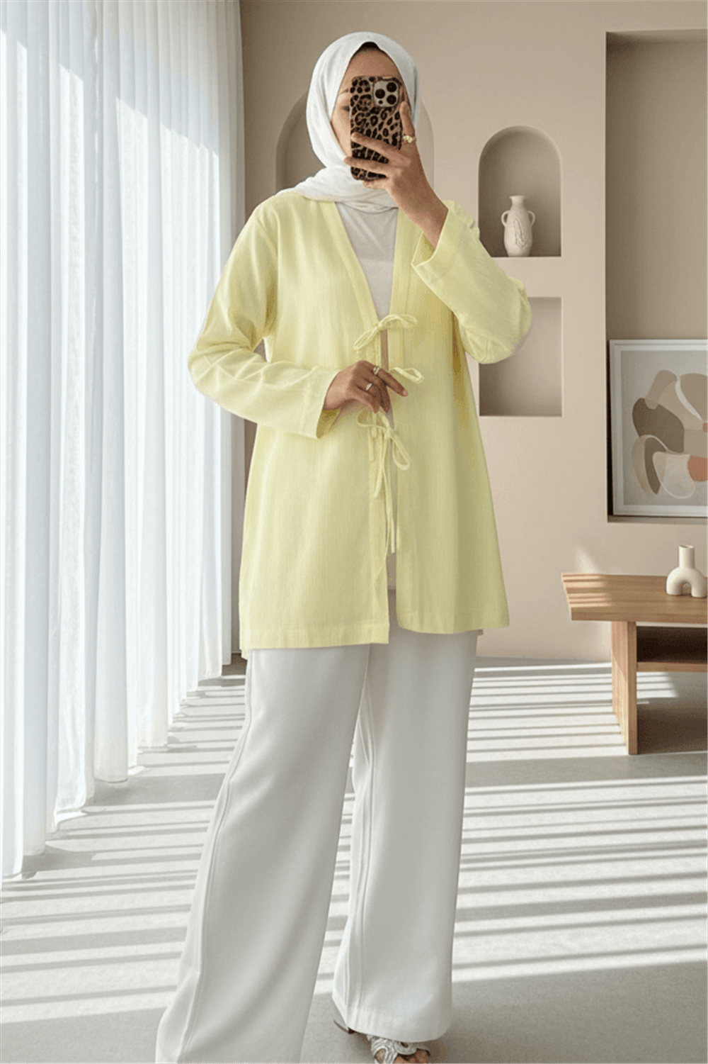 Önü Üç Bağcıklı Keten Kimono -Açık Sarı-Kimono&Kaftan-307-2339-R75