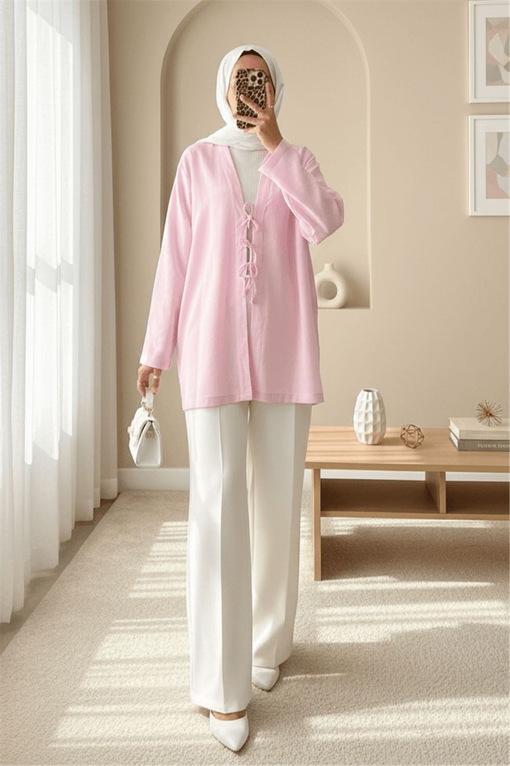 Önü Üç Bağcıklı Keten Kimono -Pudra-Kimono&Kaftan-307-2339-R06