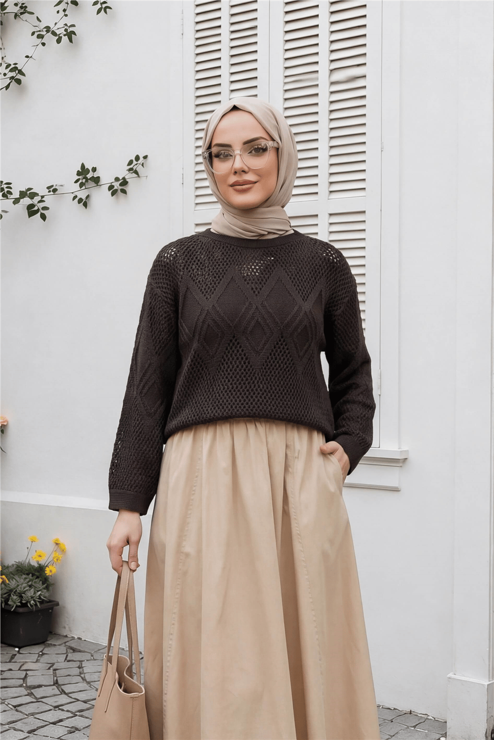 Önü Ve Kolları Desenli Ajurlu Triko Kazak -K. Kahve-Kazak-109-1200-R54