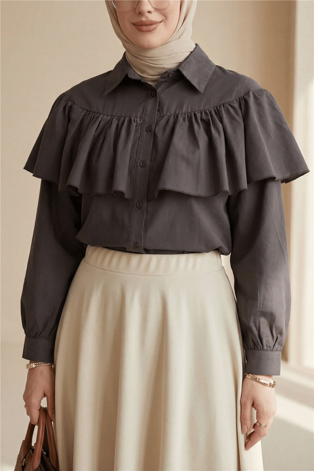 Önü Ve Omuzu Fırfır Detaylı Poplin Gömlek Bluz -K. Kahve-Gömlek-432-25182-R54