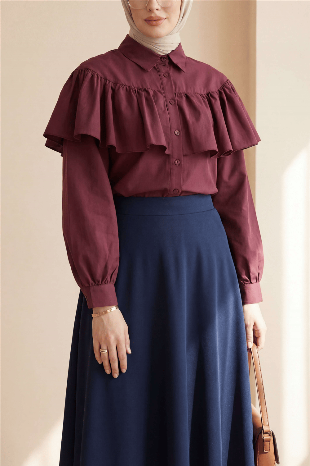 Önü Ve Omuzu Fırfır Detaylı Poplin Gömlek Bluz -Bordo-Gömlek-432-25182-R04
