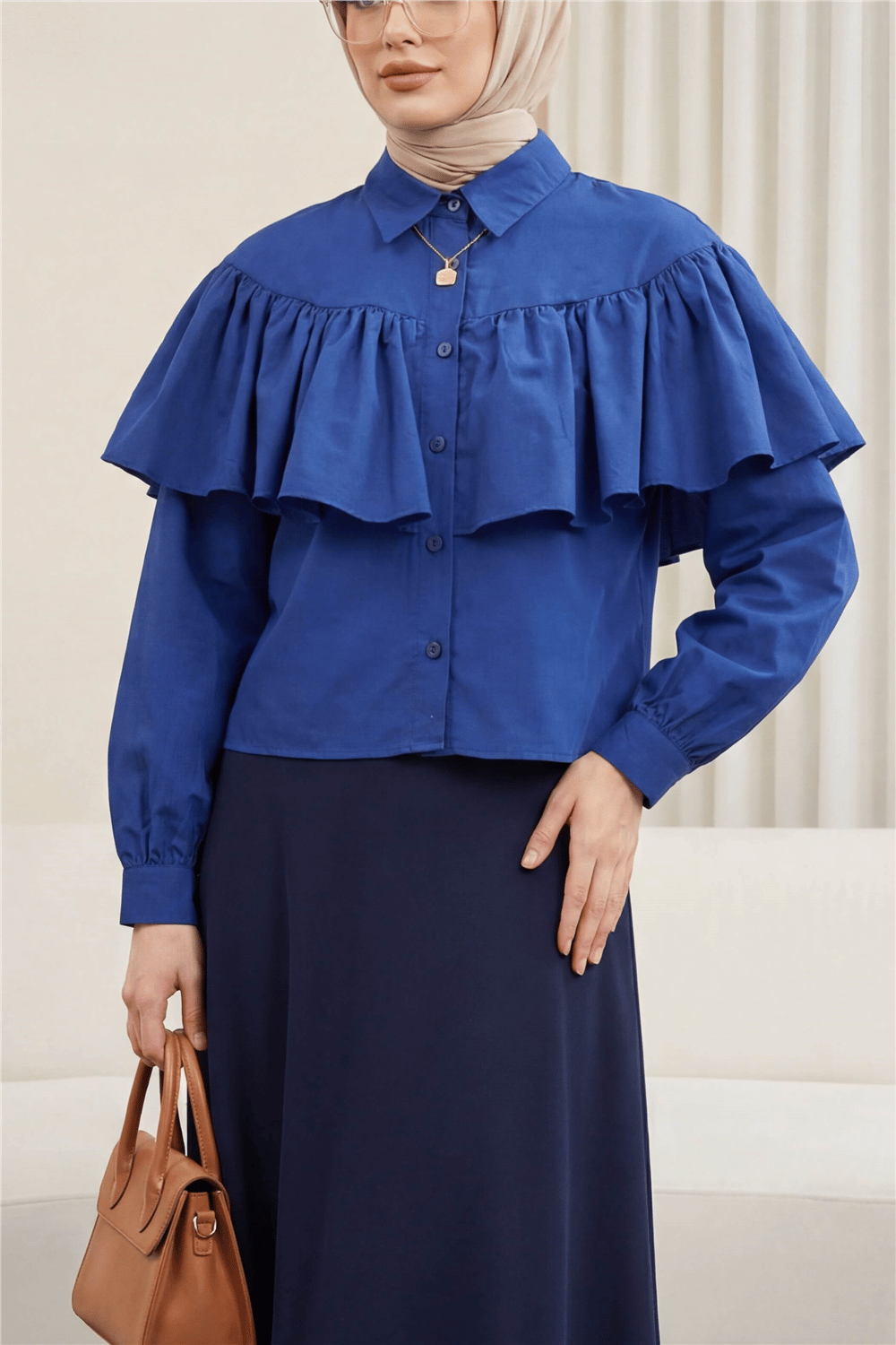 Önü Ve Omuzu Fırfır Detaylı Poplin Gömlek Bluz -Laci-Gömlek-432-25182-R03