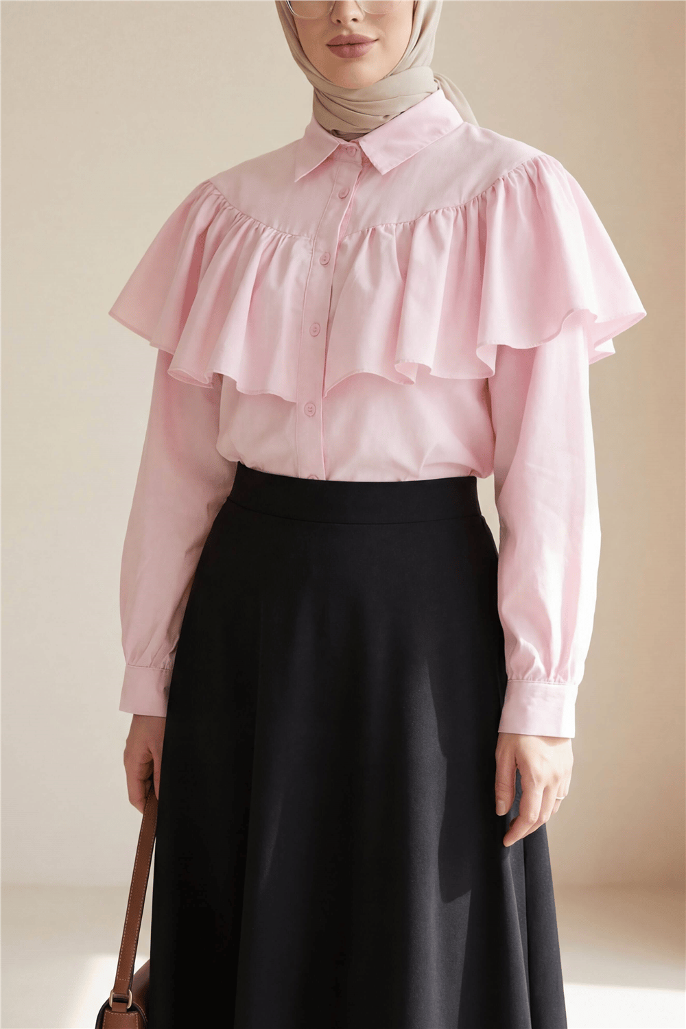 Önü Ve Omuzu Fırfır Detaylı Poplin Gömlek Bluz -Pembe-Gömlek-432-25182-R20