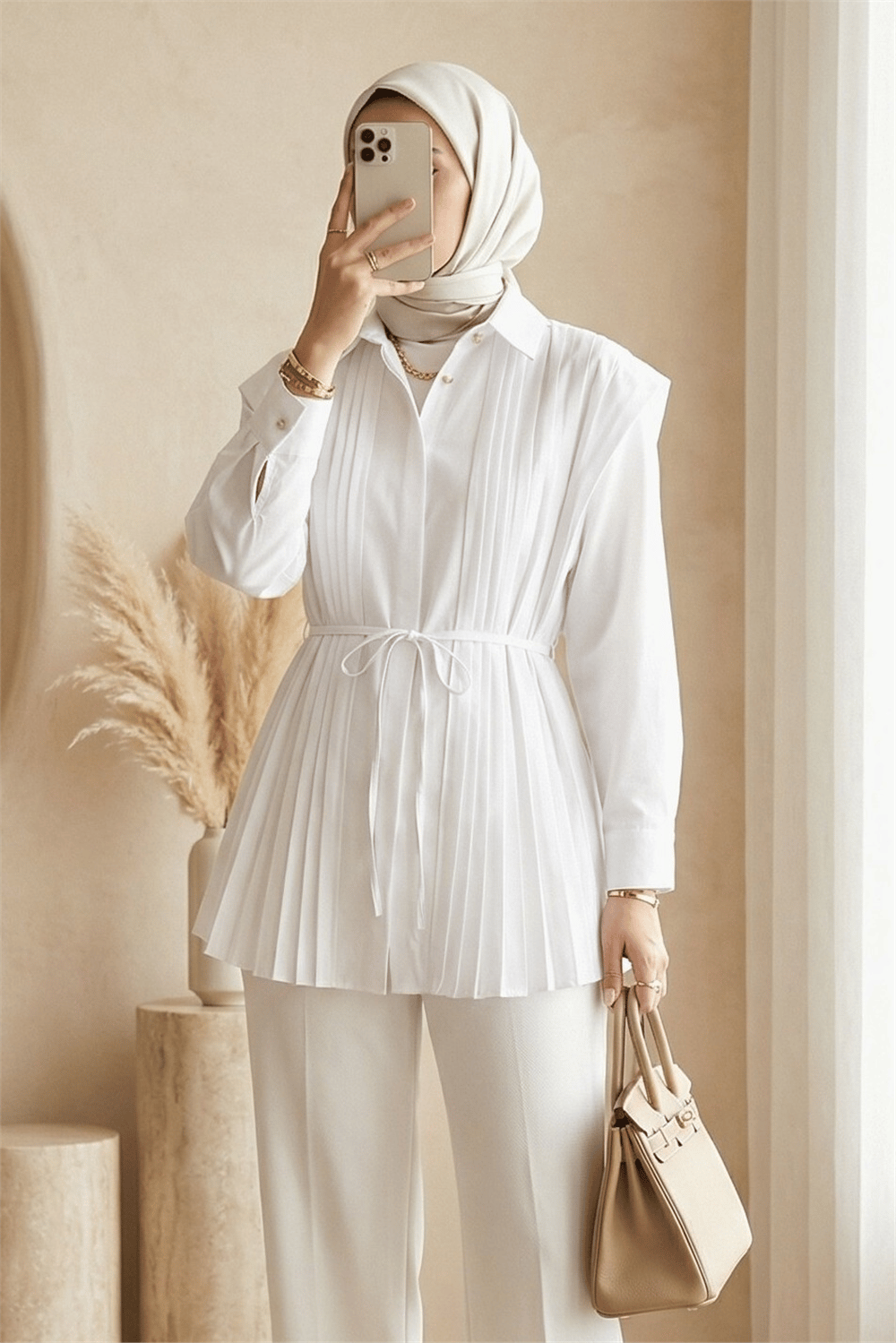 Önü ve Sırtı Pilise Detaylı Gizli Düğmeli Poplin Gömlek -Beyaz-Tunik-431-261950-R02