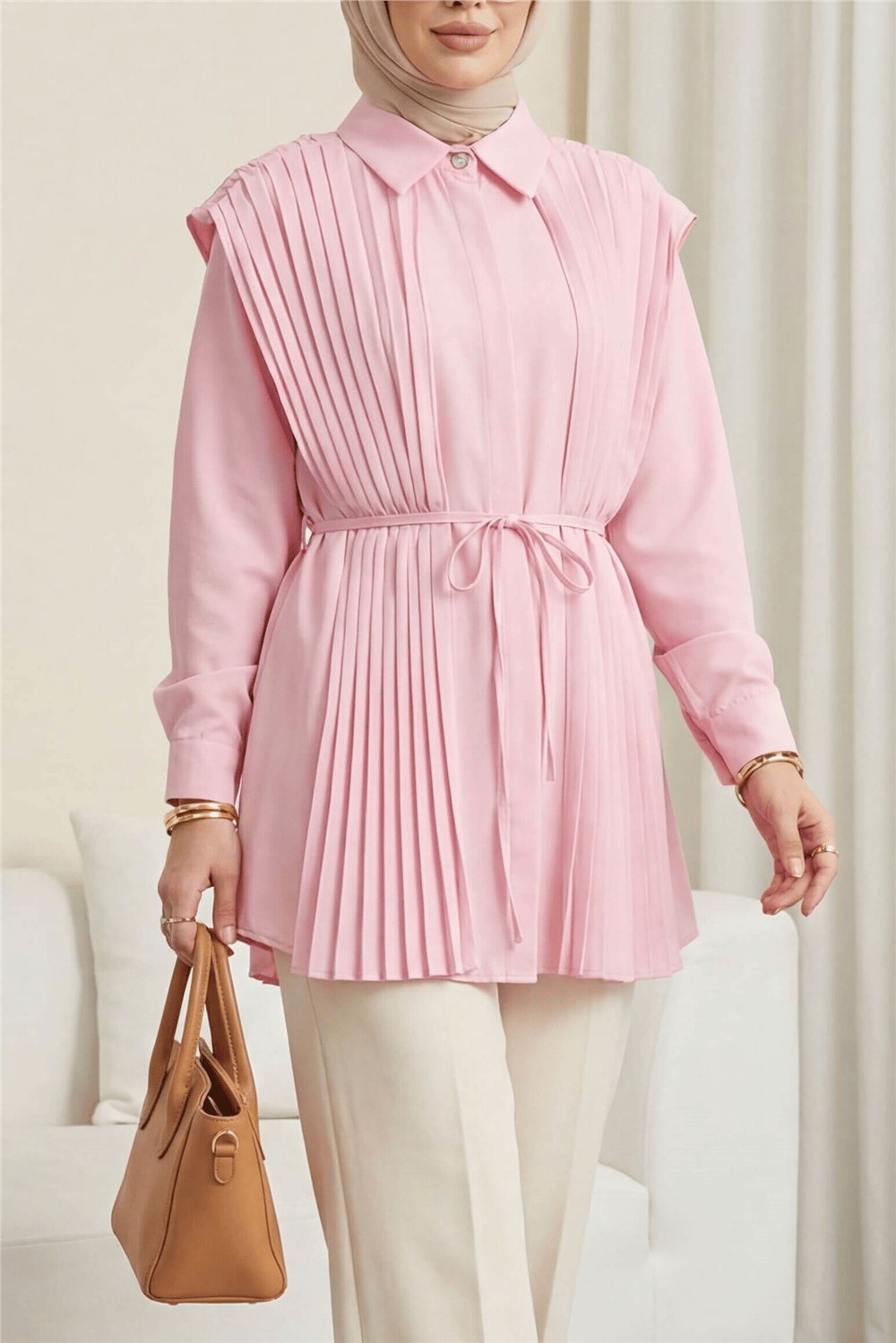 Önü ve Sırtı Pilise Detaylı Gizli Düğmeli Tasarım Gömlek   -Pembe-Tunik-431-261950-R20