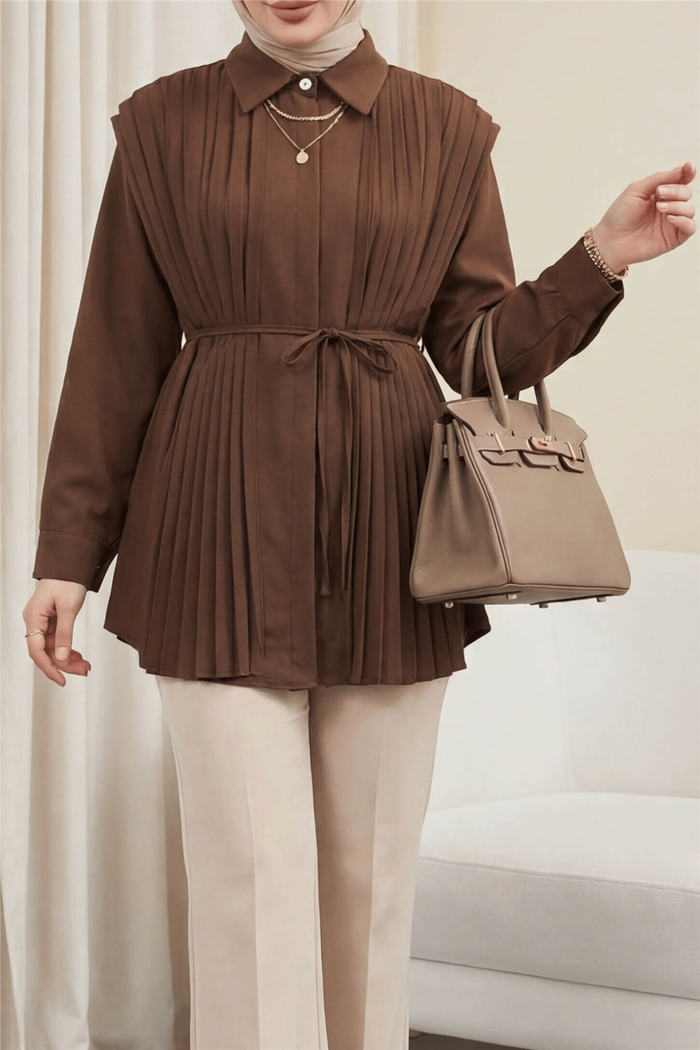 Önü ve Sırtı Pilise Detaylı Gizli Düğmeli Tasarım Gömlek  -Kahve-Tunik-431-261950-R15