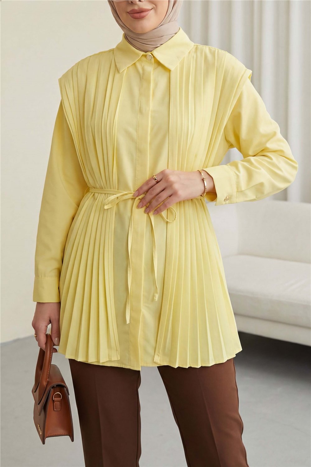 Önü ve Sırtı Pilise Detaylı Gizli Düğmeli Tasarım Gömlek  -Sarı-Tunik-431-261950-R22