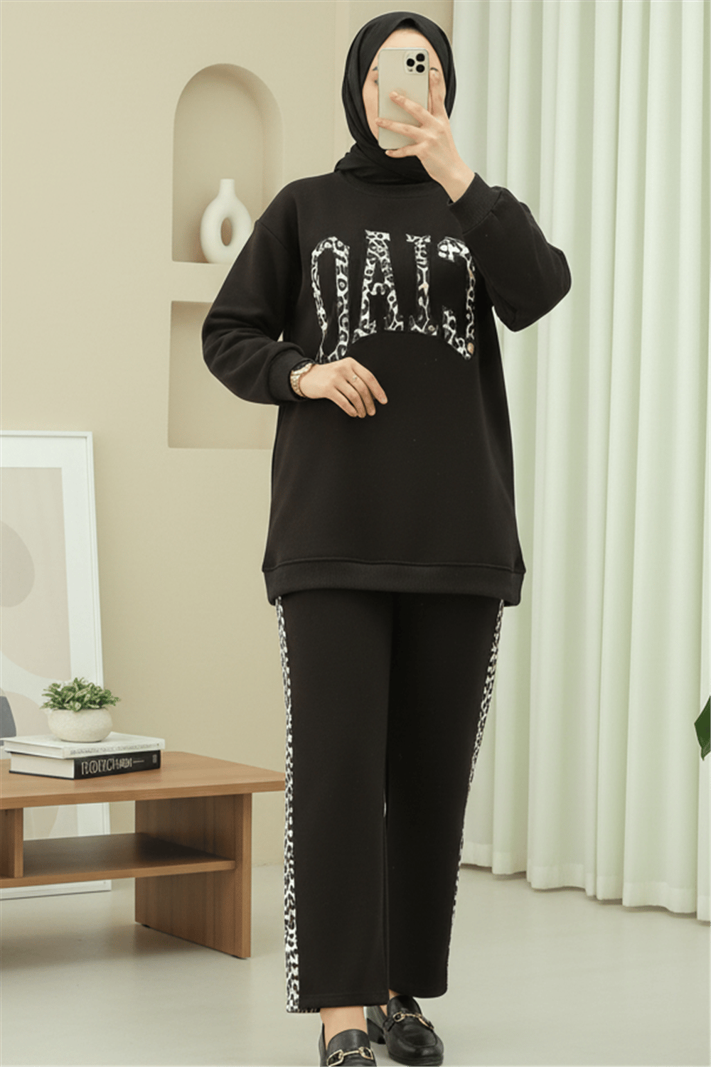 Önü Yazılı Leopar Deseni Detaylı Üç İplik Sweat Takım  -K. Kahve-Takım-349-5284-R54