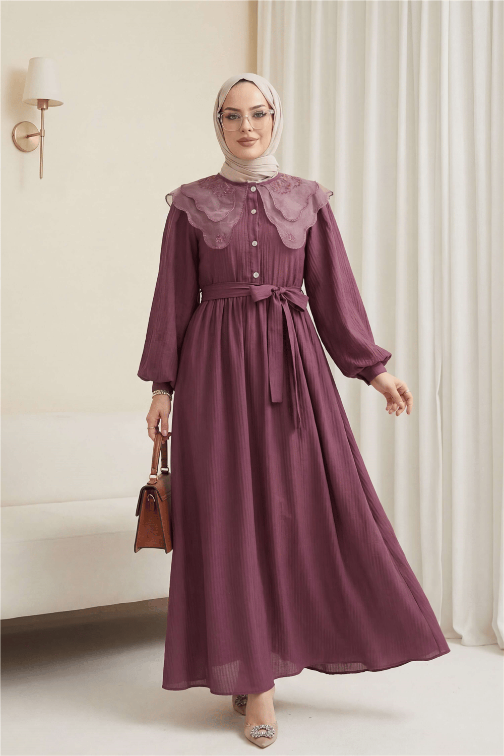 Organze Bebe Yaka Taş Düğmeli Krinkıl Elbise -Vişne-Elbise-353-265-R44