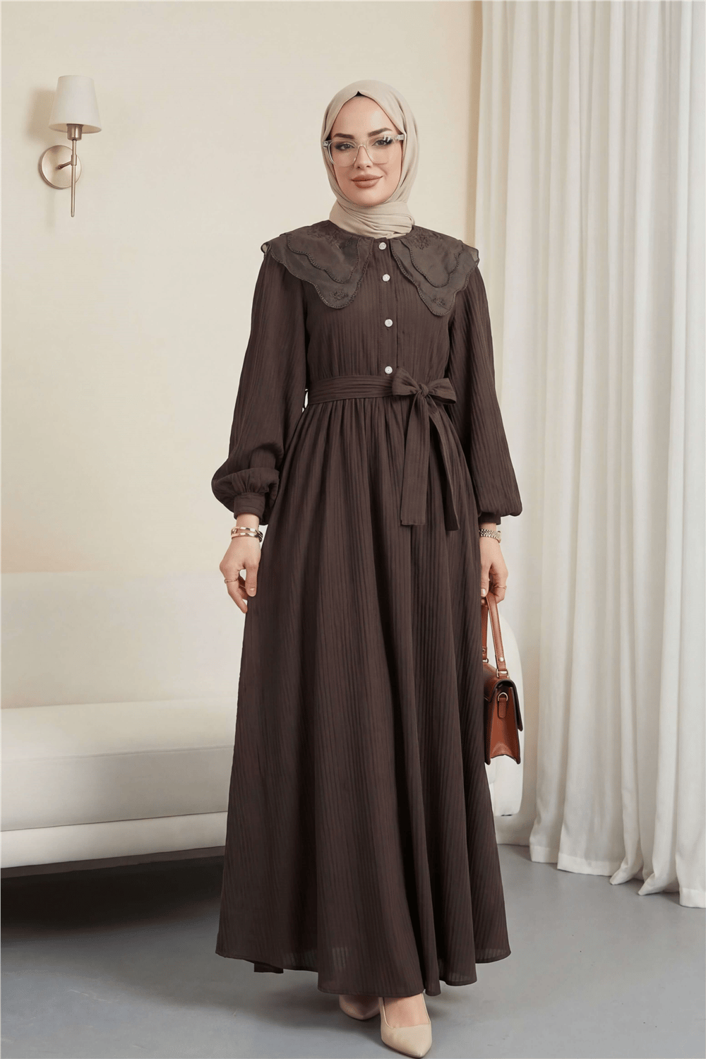 Organze Bebe Yaka Taş Düğmeli Krinkıl Elbise -K. Kahve-Elbise-353-265-R54