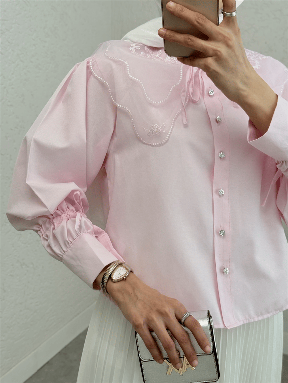 Gömlek-Organze Yaka Kolu Bağlama Detaylı Gömlek -Pudra-307-2254-R06