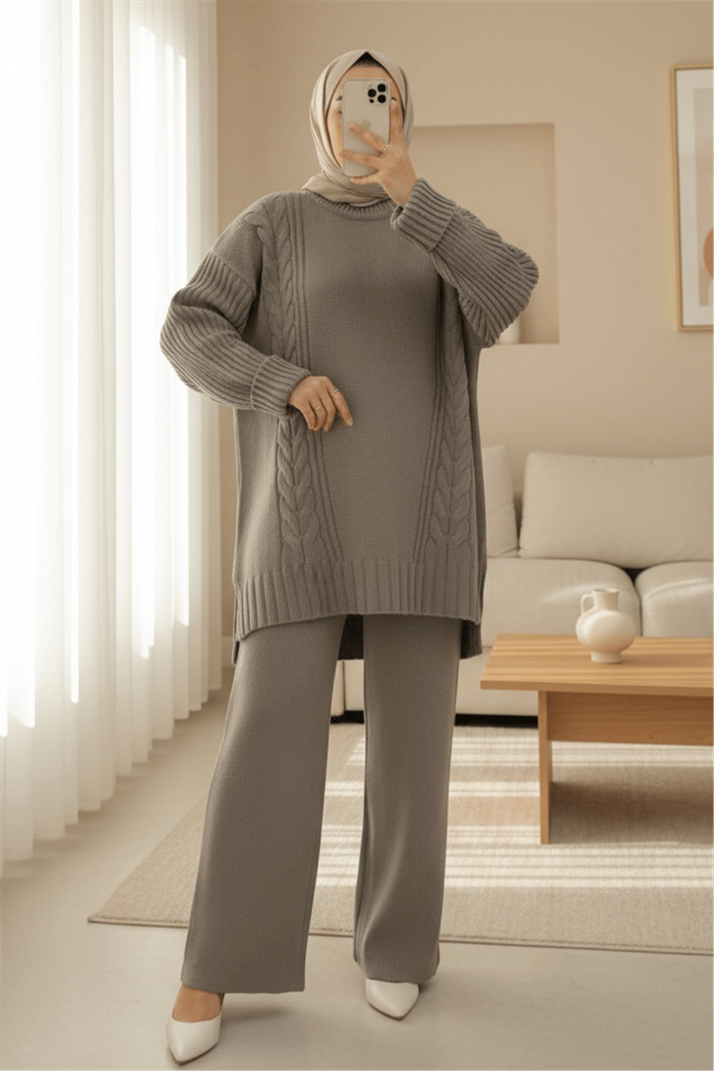 Örgü Desenli Arkası Uzun Triko Takım -Toprak-Takım-295-4521-R55