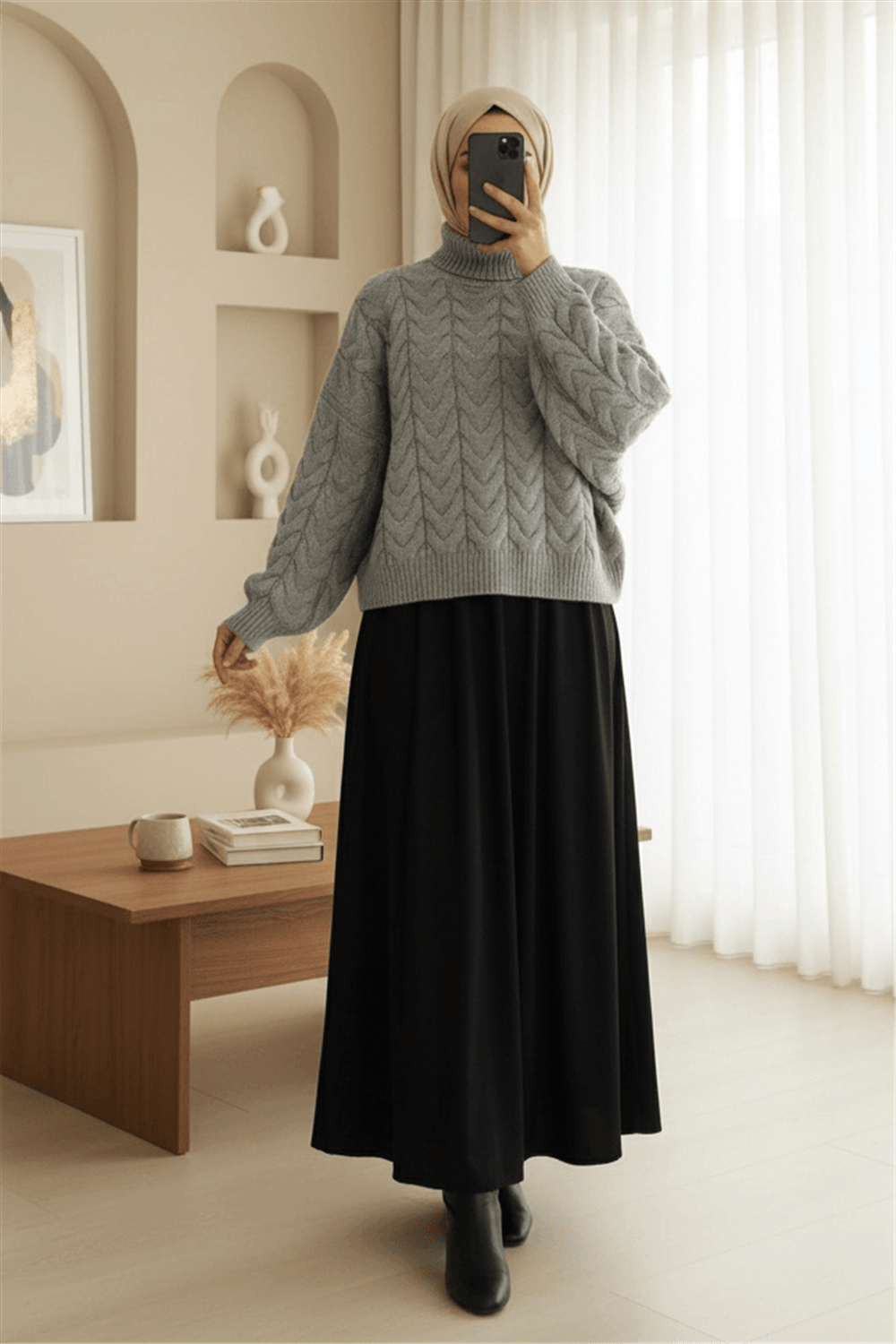 Örgü Desenli Boğazlı Triko Kazak  -Gri-Kazak-109-0932-R11