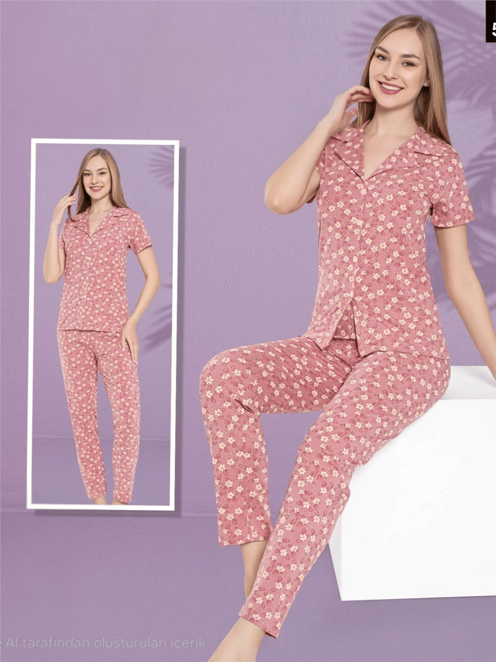 Papatya Desenli Düğmeli Kısa Kollu Pijama Takımı -G.Kurusu-Pijama-416-55749-R27