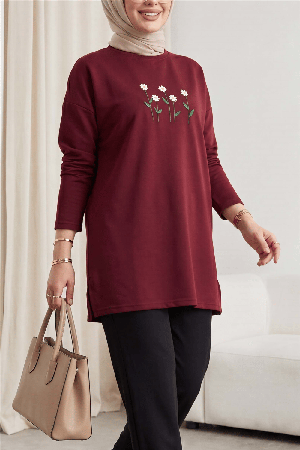 Papatya Nakışlı Yuvarlak Yaka Penye Tunik -Bordo-Tunik-253-13148-R04