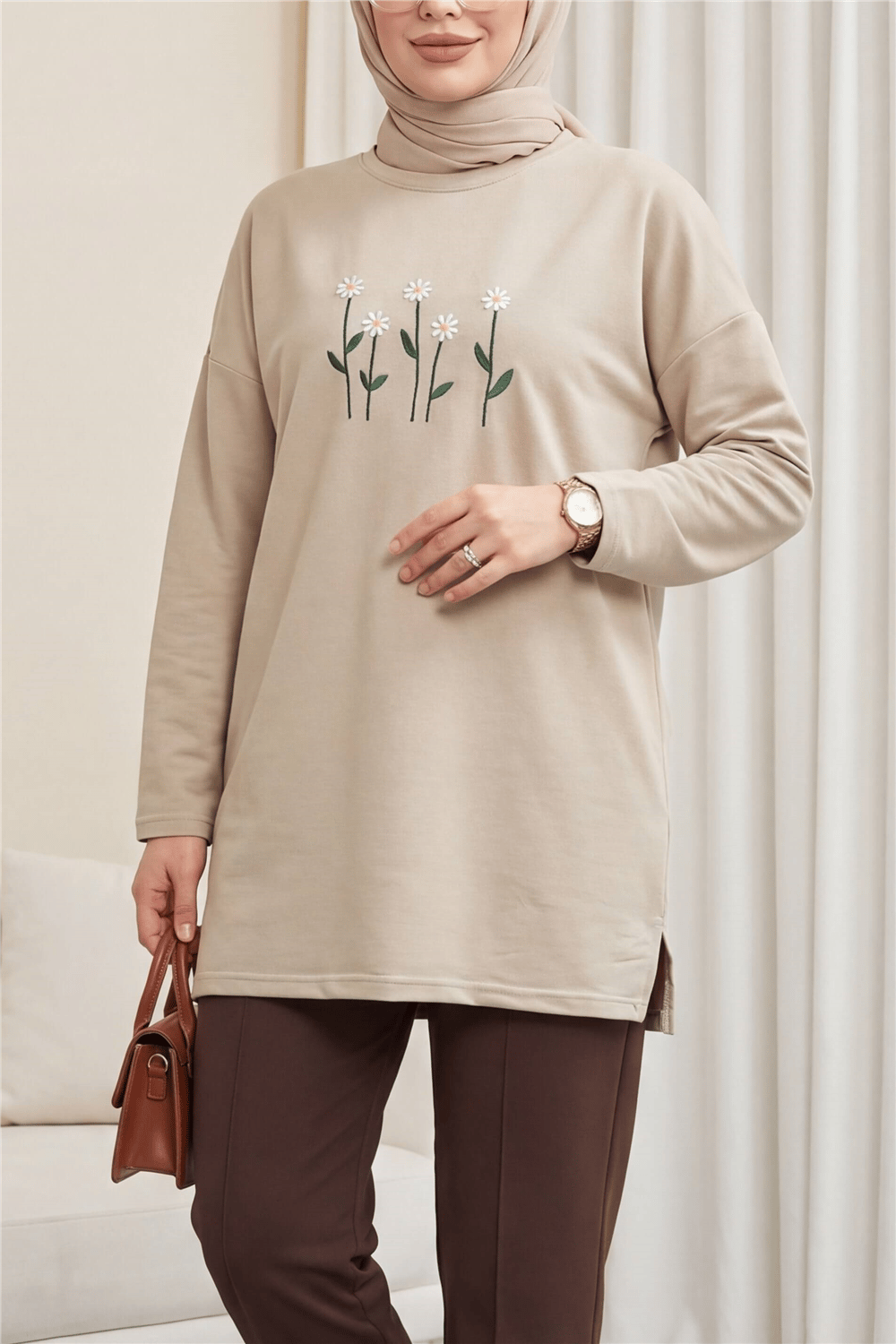 Papatya Nakışlı Yuvarlak Yaka Penye Tunik -Taş-Tunik-253-13148-R43