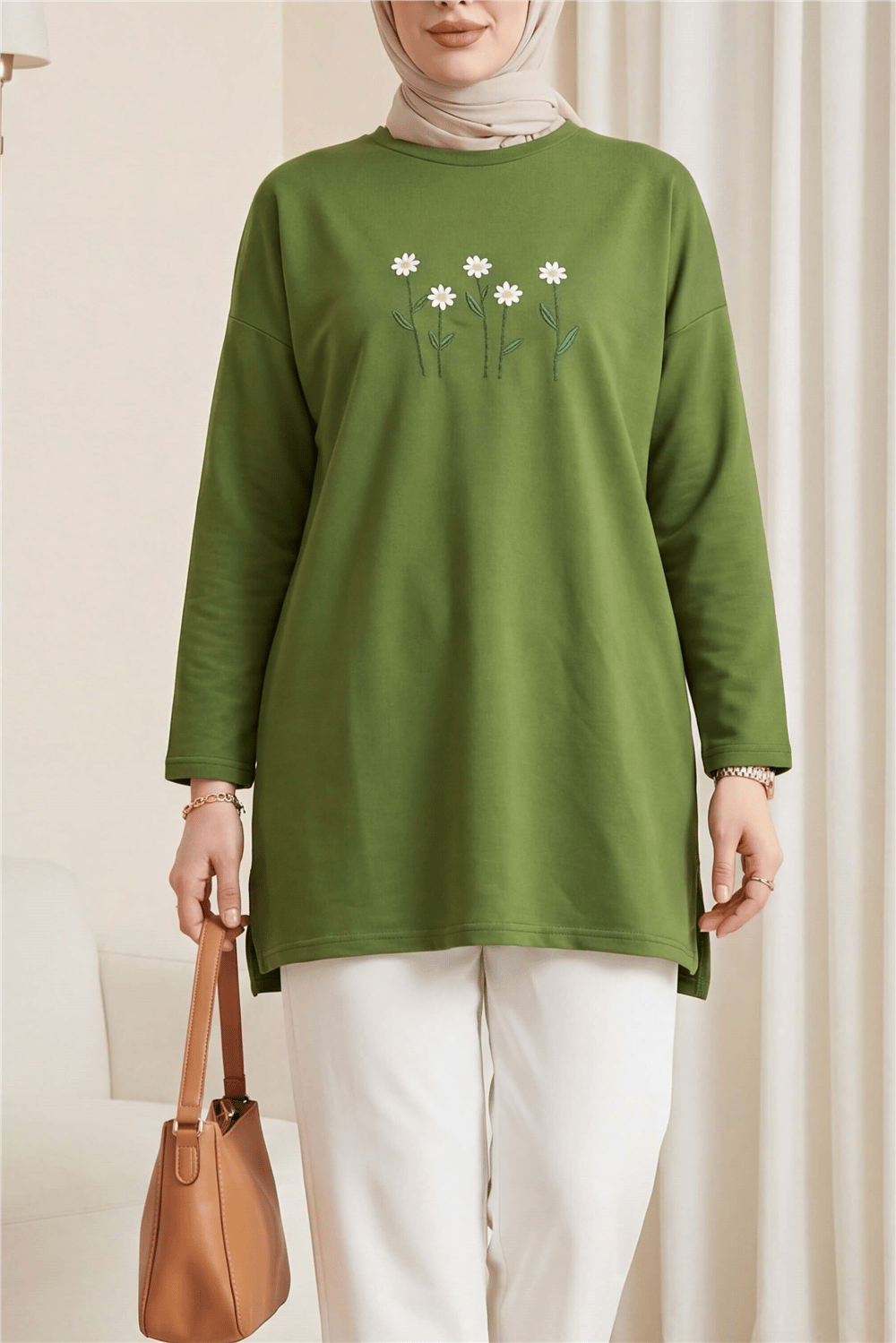 Papatya Nakışlı Yuvarlak Yaka Penye Tunik -Koyu Yeşil-Tunik-253-13148-R79