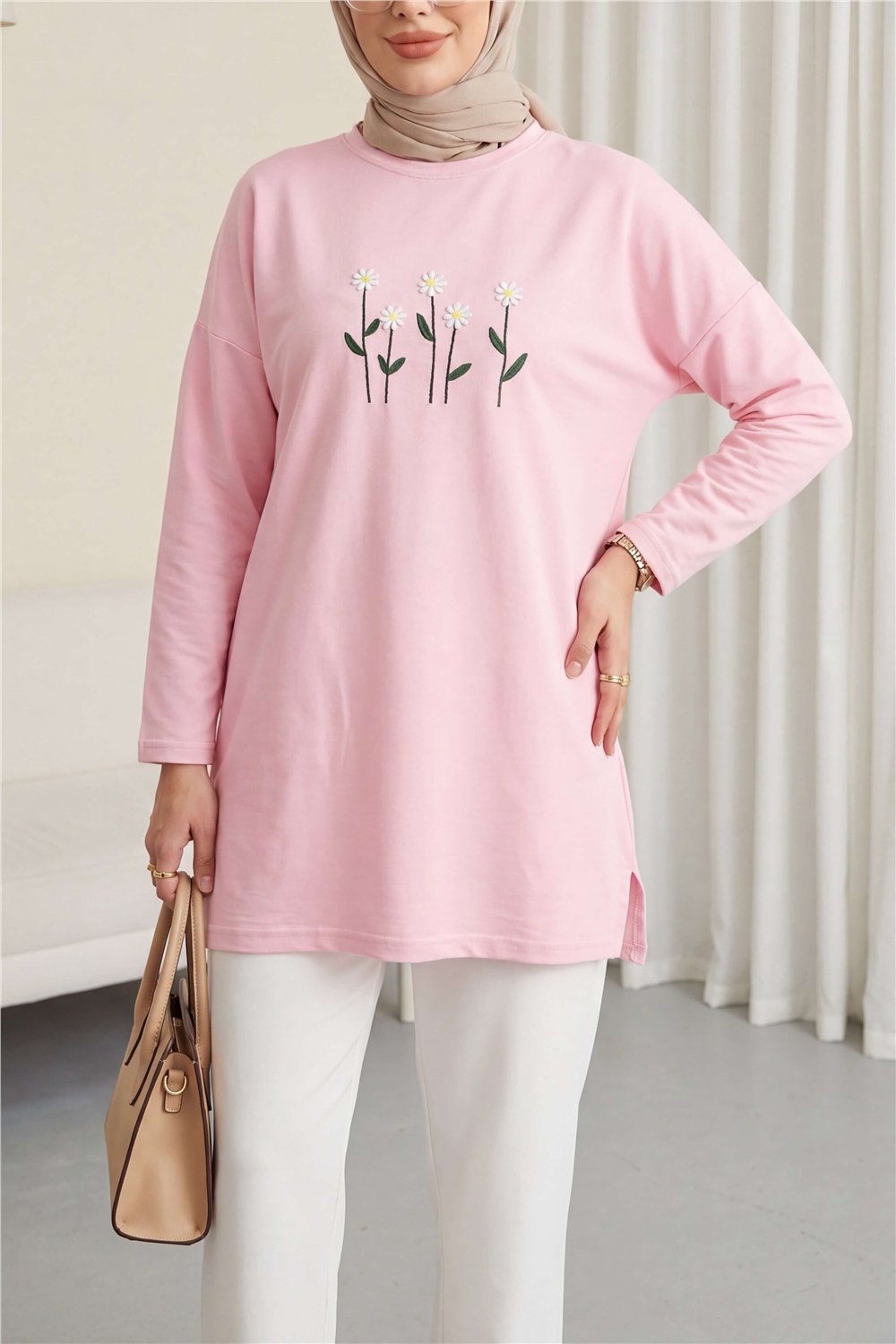 Papatya Nakışlı Yuvarlak Yaka Penye Tunik -Pembe-Tunik-253-13148-R20