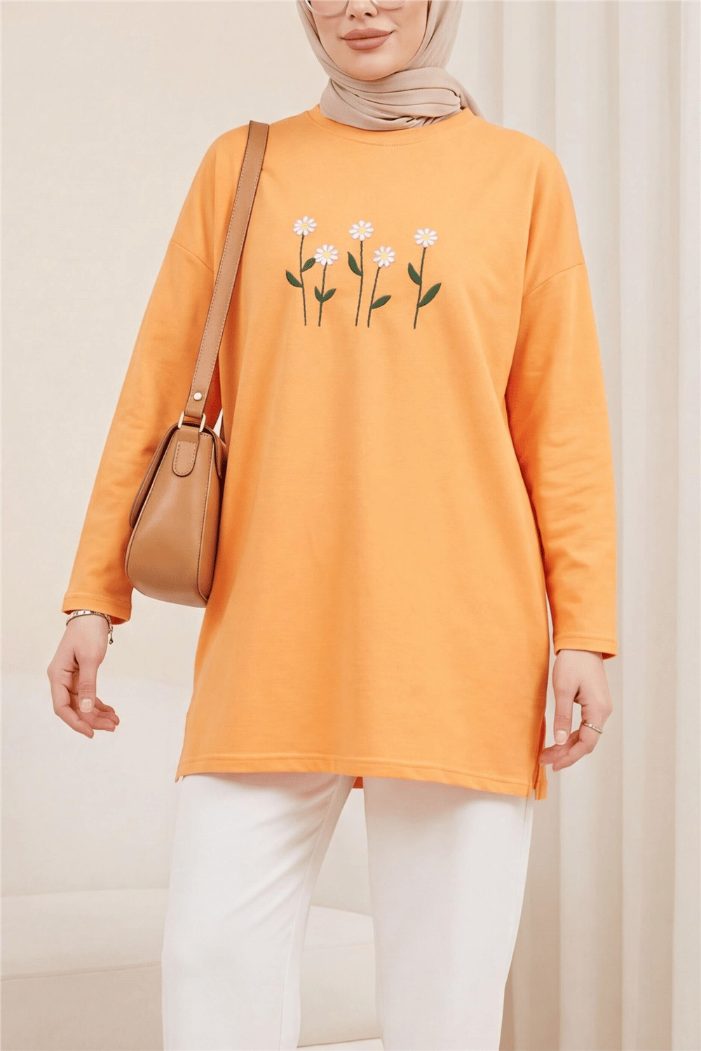 Papatya Nakışlı Yuvarlak Yaka Penye Tunik -Turuncu-Tunik-253-13148-R16