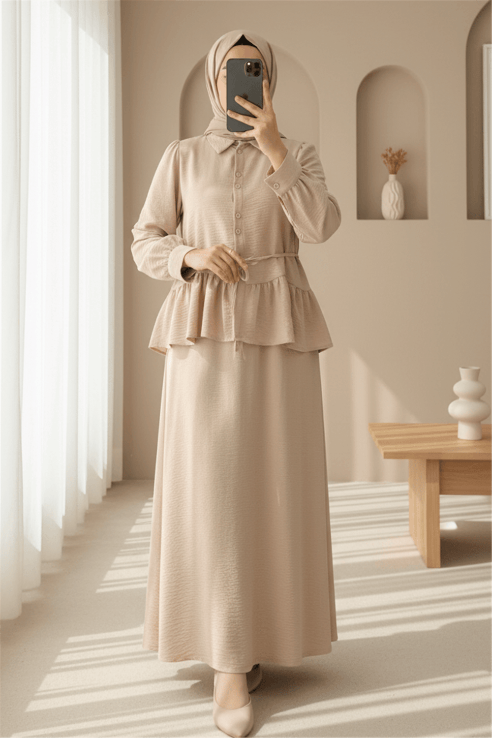 Parçalı Büzgülü Bluz Etekli Takım -Bej-Takım-349-7060-R56