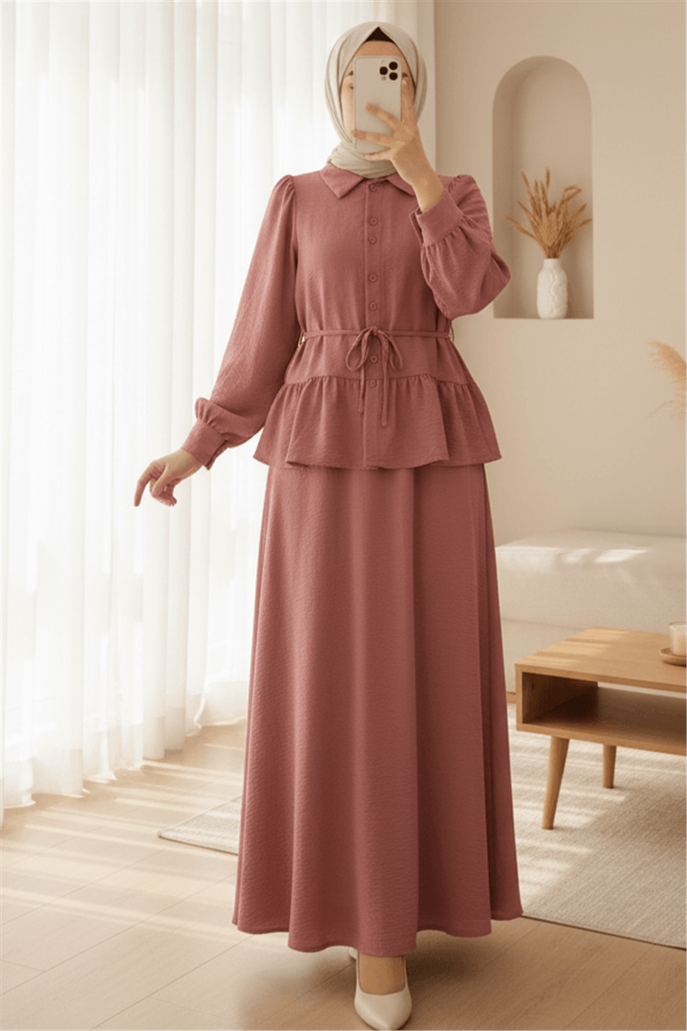 Parçalı Büzgülü Bluz Etekli Takım -G.Kurusu-Takım-349-7060-R27