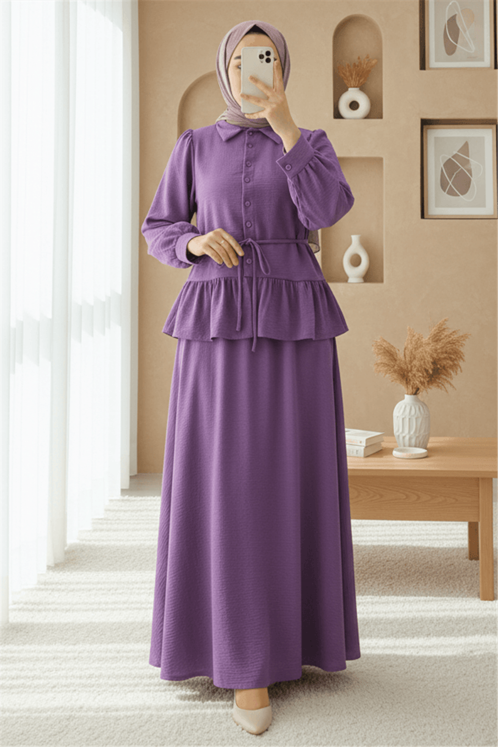 Parçalı Büzgülü Bluz Etekli Takım -Mor-Takım-349-7060-R34